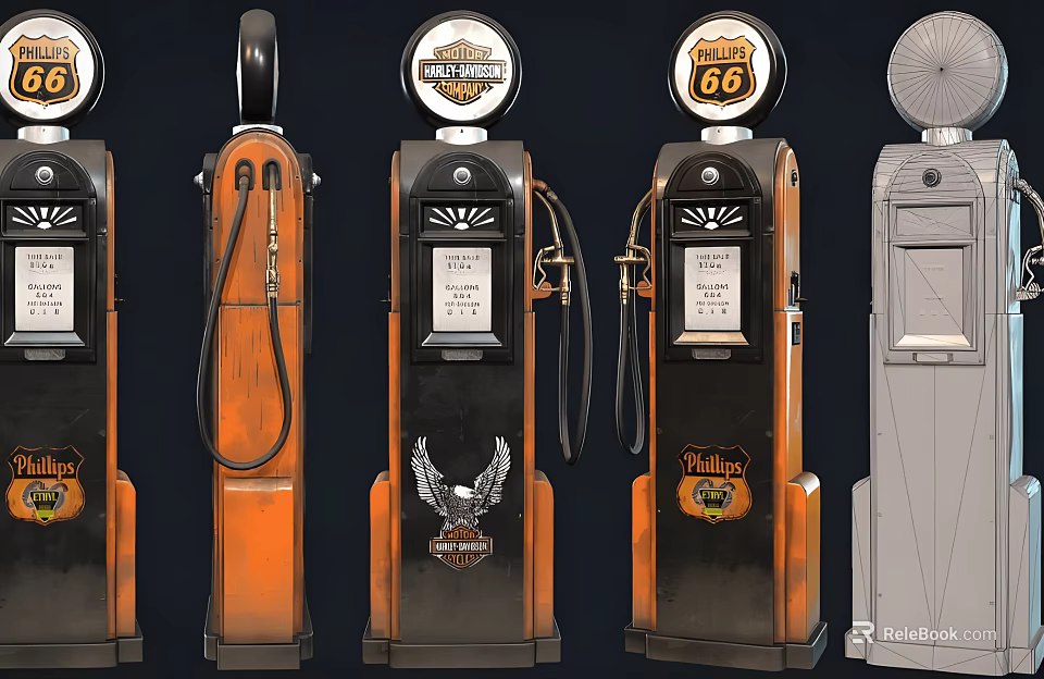 Vintage Public Facility Gas Pumps With Retro Design And Classic Brand Logos 3d model 