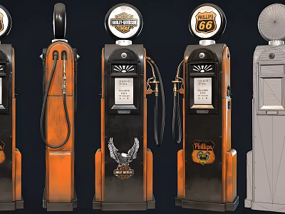 Vintage Public Facility Gas Pumps With Retro Design And Classic Brand Logos 3d model