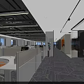 Modern Public Office Space With Cubicles Orange Chairs Geometric Carpet And Glass Partitions 3d model