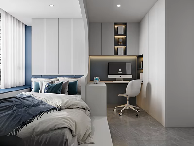 Modern Tatami Bedroom Interior With Desk Chair Storage Cabinets And Decorative Pillows 3d model