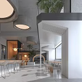 Modern Café Open Space Design With Wooden Elements Hanging Lights Green Plants And Staircase Seating