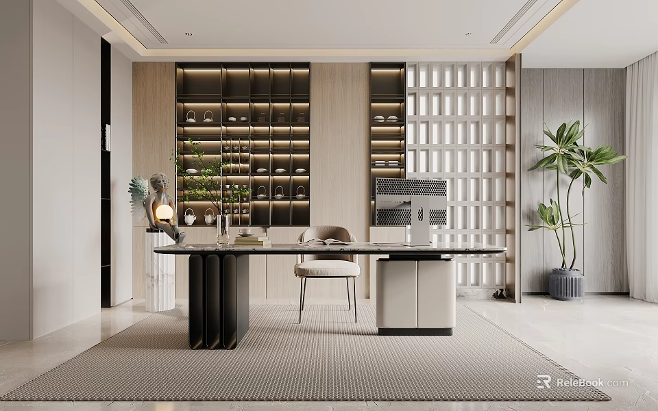 Modern Study Room Interior With Bookshelves Desk Chair And Green Plants 3d model 