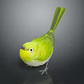 Green Bird with Yellow Belly White Around Eyes Standing on Black Surface and Gray Background