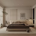 Modern Minimalist Bedroom Interior With Bed Nightstand Rug Plant Bookshelf And Artwork