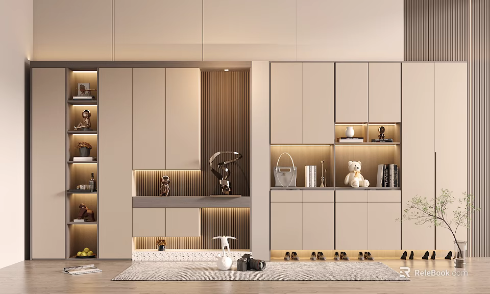Elegant Modern Shoe Cabinet With LED Lights Display Shelves And Beige Storage Design 3d model 