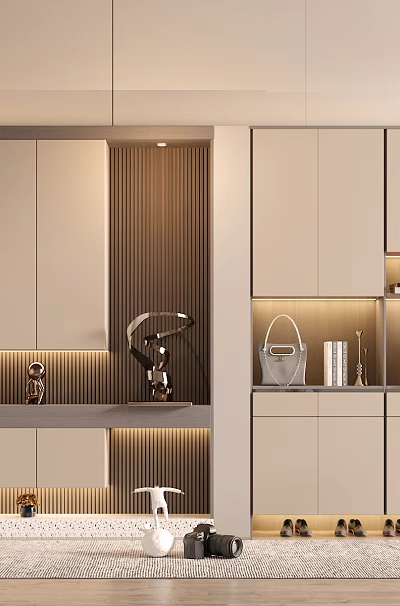 Elegant Modern Shoe Cabinet With LED Lights Display Shelves And Beige Storage Design 3d model