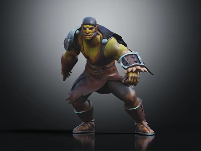 3D Rendered Orc Character With Green Skin Helmet Armor And Wrist Guards In Battle Stance 3d model