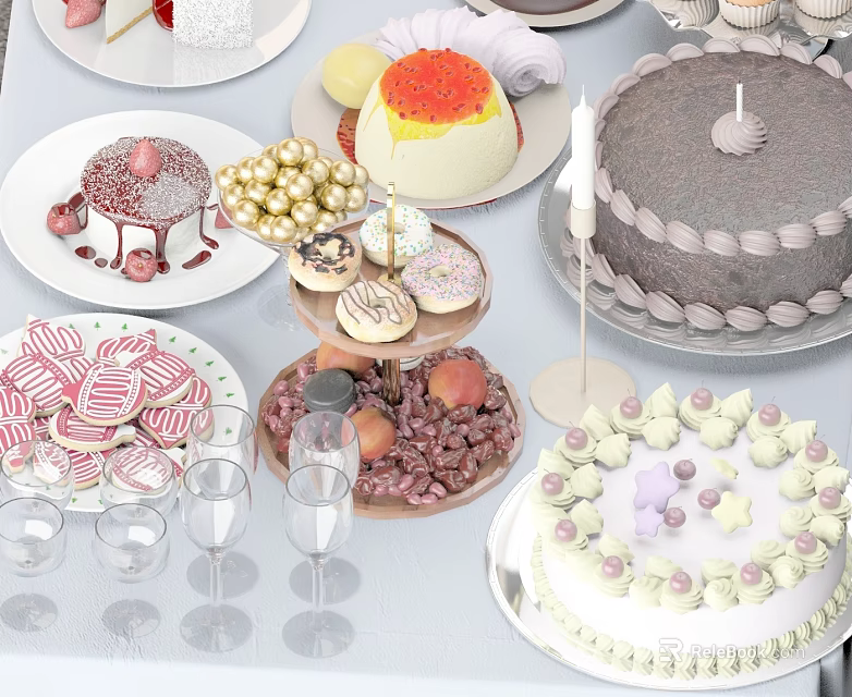 Elegant Dinnerware Set With Assorted Cakes Cookies Candies Plates And Wine Glasses 3d model 