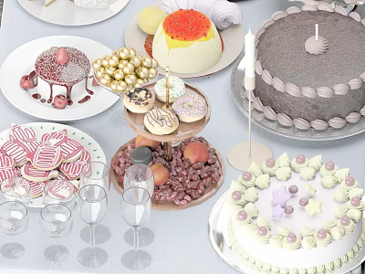 Elegant Dinnerware Set With Assorted Cakes Cookies Candies Plates And Wine Glasses 3d model