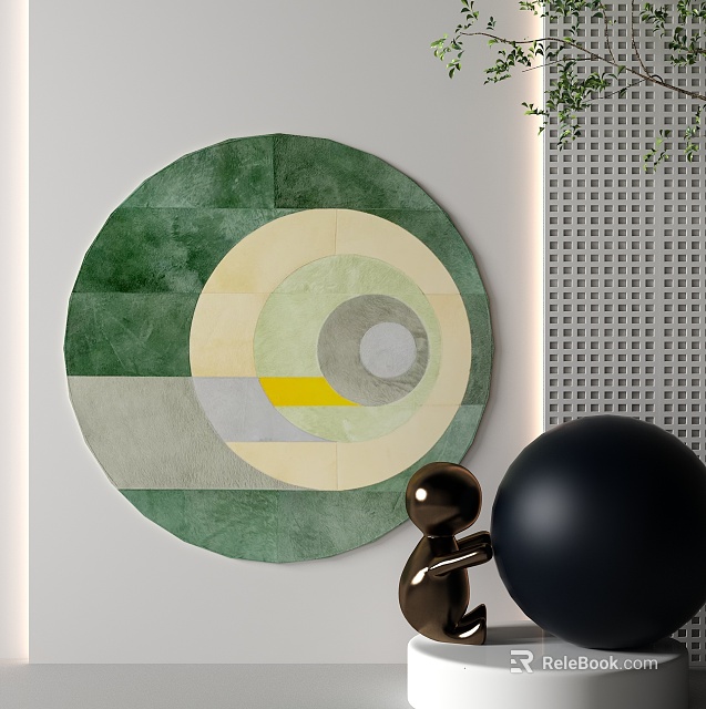 Modern Interior Featuring Round Green Yellow Grey Geometric Pattern Rug with Black Sphere 3d model 