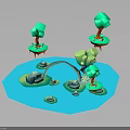 Low Poly 3D Scene With Blue Water Green Trees Orange Trunks Bridge And Stones
