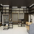 Modern Clothing Store Interior With Open Shelves Display Tables And Cashier Counter