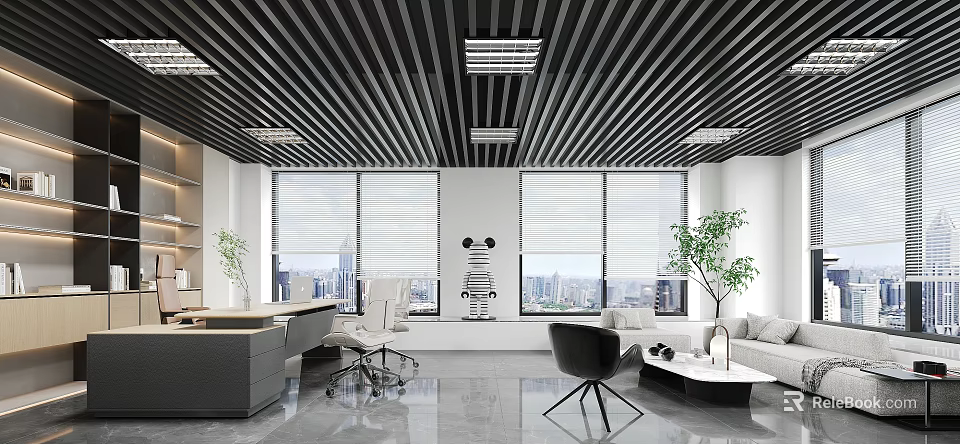 Modern Office Interior Featuring Black Slatted Ceiling Large Windows Blinds Green Plant And City View 3d model 