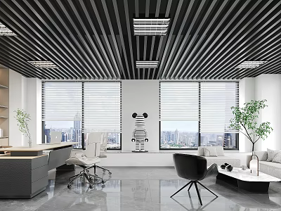 Modern Office Interior Featuring Black Slatted Ceiling Large Windows Blinds Green Plant And City View 3d model