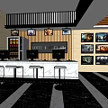 Modern Cinema Interior With IMAX Sign Yellow Chairs Round Tables And Chandeliers