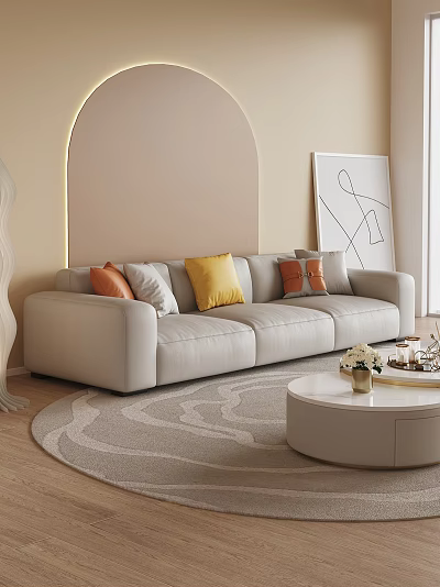 Modern Beige Three-Seater Sofa With Orange Yellow Gray Pillows Abstract Painting And Round Coffee Table 3d model