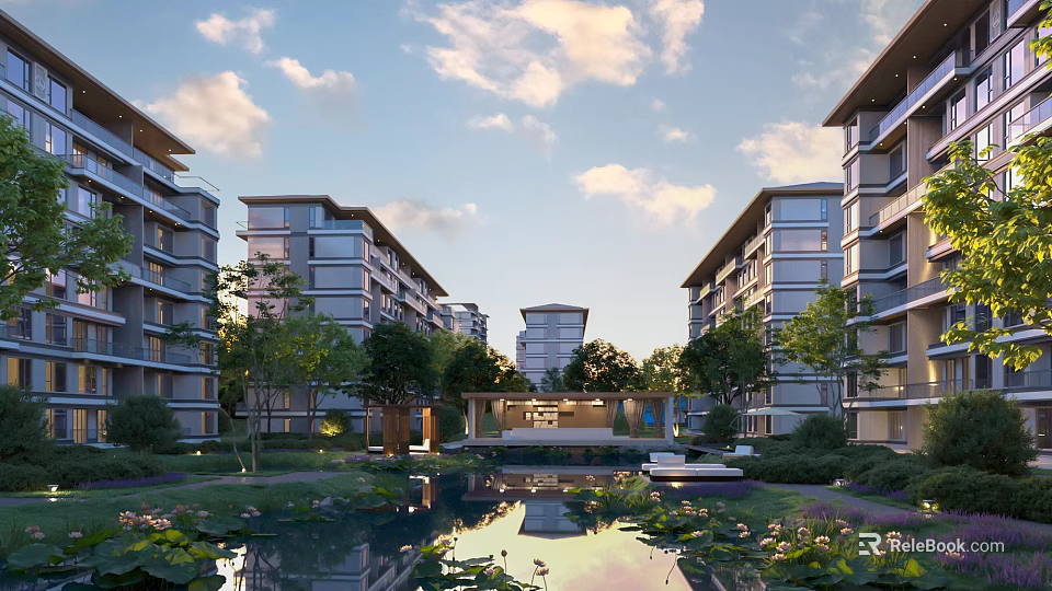 Modern Residential Building Complex With Landscaped Pool Greenery Trees And Architectural Design 3d model 
