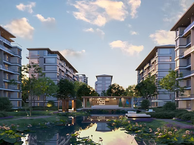 Modern Residential Building Complex With Landscaped Pool Greenery Trees And Architectural Design 3d model