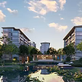 Modern Residential Building Complex With Landscaped Pool Greenery Trees And Architectural Design