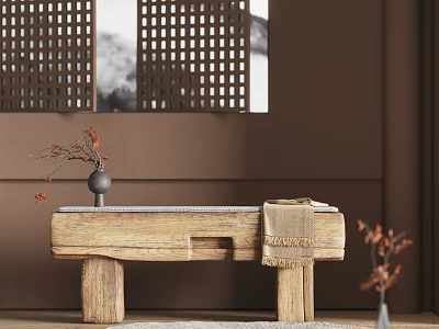 Rustic Wooden Public Chair With Linen Cloth And Decorative Branches In Indoor Setting 3d model