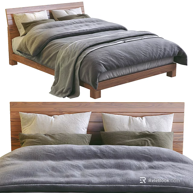 Double Bed With Wooden Frame Gray Bedding Blanket And Headboard Pillows 3d model 
