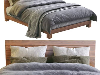 Double Bed With Wooden Frame Gray Bedding Blanket And Headboard Pillows 3d model