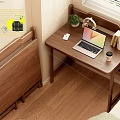 Cozy Indoor Wooden Desk and Chair Set with Laptop Books and Potted Plant