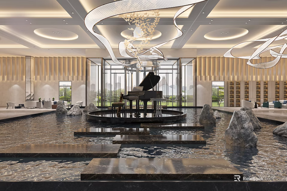 Elegant Modern Hotel Lobby Interior With Black Piano Water Fountain And Glass Walls 3d model 