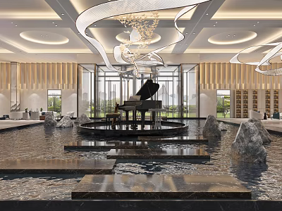 Elegant Modern Hotel Lobby Interior With Black Piano Water Fountain And Glass Walls 3d model