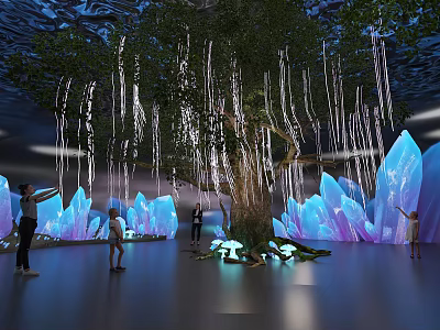 Interactive Art Installation With Large Tree Hanging Lights And Illuminated Crystal Structures 3d model