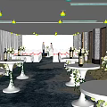 Elegant Banquet Hall With Round Tables White Tablecloths Purple Chair Sashes Chandeliers And Dance Floor