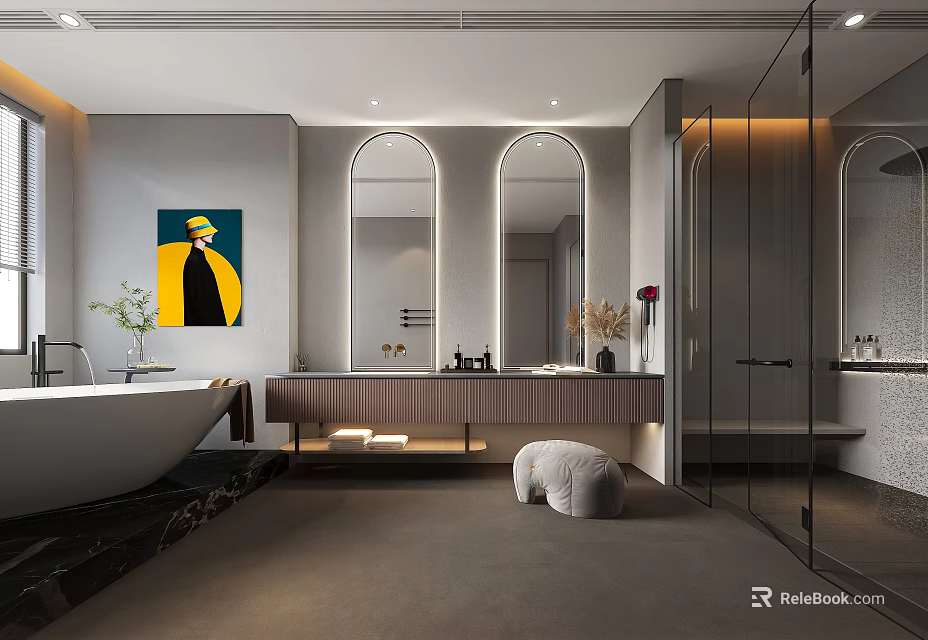 Modern Bathroom Interior With Bathtub Double Vanity Mirrors Artwork And Stool 3d model 