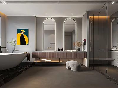 Modern Bathroom Interior With Bathtub Double Vanity Mirrors Artwork And Stool 3d model