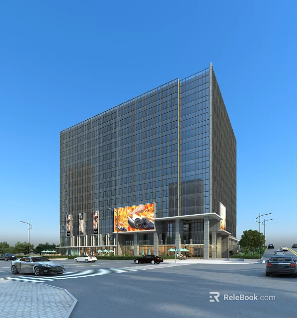 Modern High rise Office Building With Glass Facade Large Billboard And Surrounding Greenery 3d model 