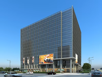 Modern High rise Office Building With Glass Facade Large Billboard And Surrounding Greenery 3d model