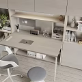 Modern Study Room Interior With Light Gray Bookshelves Writing Desk White Chair And Green Plants