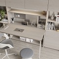 Study Studio Desk and Chair suit Office Desk and Chair Combination Workbench Bookcase Bookshelf Cream White Tone 3d model