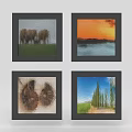 Set of Four Framed Wall Art Featuring Elephants Sunset Over Water Shells and Trees Landscape