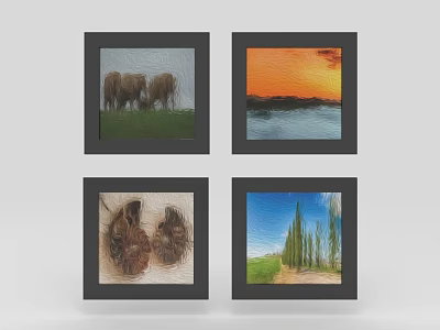 Set of Four Framed Wall Art Featuring Elephants Sunset Over Water Shells and Trees Landscape 3d model