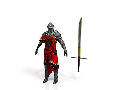 Man in Red and Silver Medieval Knight Armor with Long Sword 3d model