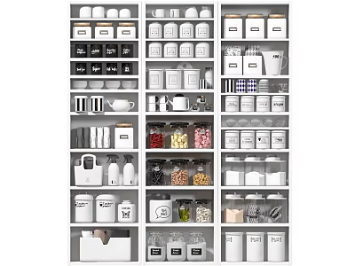 Organized Kitchen Storage Shelves With Various Utensils Jars Bottles And Containers 3d model