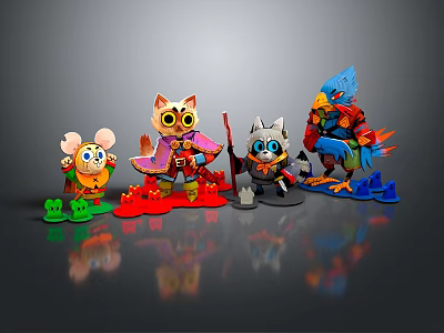 Cartoon Animal Characters Mouse Cat with Cape Cat Holding Weapon and Colorful Bird 3d model