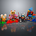 Cartoon Animal Characters Mouse Cat with Cape Cat Holding Weapon and Colorful Bird