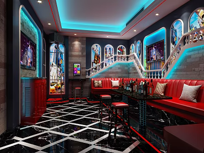 Luxury KTV Lounge Interior With Red Sofas Black White Checkered Floor And Neon Lights 3d model