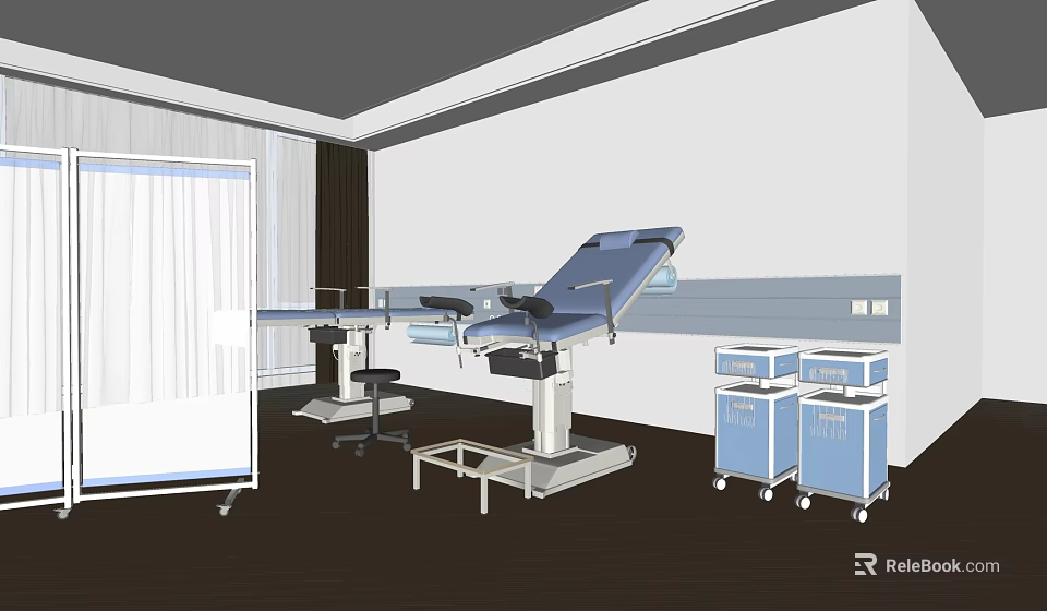 Medical Examination Room With Blue Examination Bed Mobile Carts And White Walls 3d model 