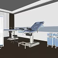 Medical Examination Room With Blue Examination Bed Mobile Carts And White Walls