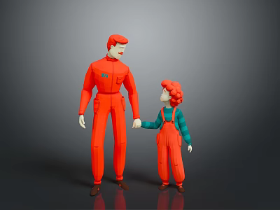 Tall Character In Orange Jumpsuit Holding Little Girl With Red Hair And Green Top 3d model