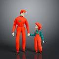 Tall Character In Orange Jumpsuit Holding Little Girl With Red Hair And Green Top