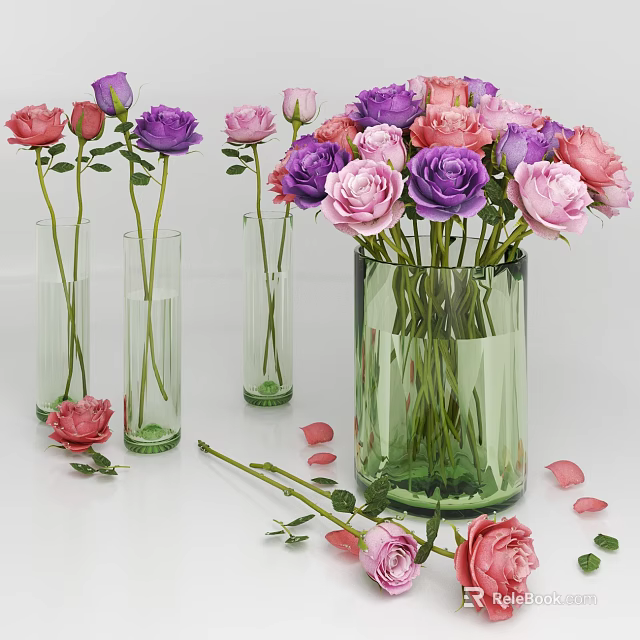 Green Cylindrical Vase And Tall Transparent Vases With Pink Purple Magenta Roses Scattered Petals 3d model 