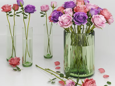 Green Cylindrical Vase And Tall Transparent Vases With Pink Purple Magenta Roses Scattered Petals 3d model